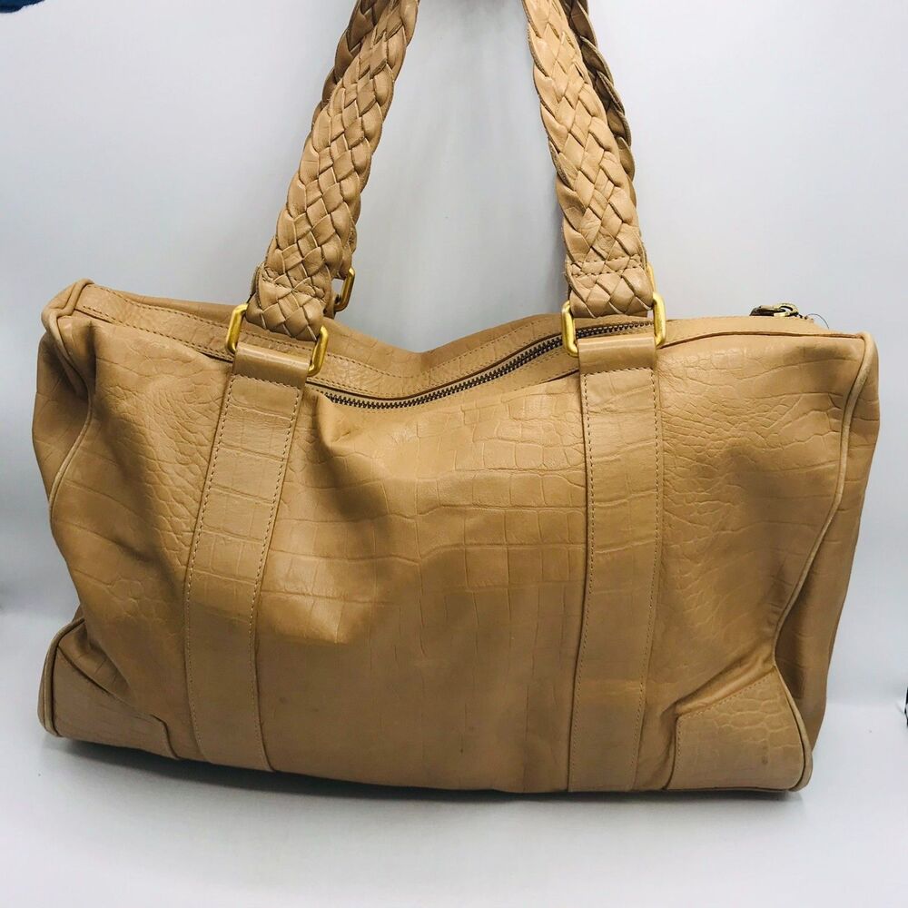 Falor Tan Leather Tote Bag Made In Italy with Woven Handles Embossed Snakeskin